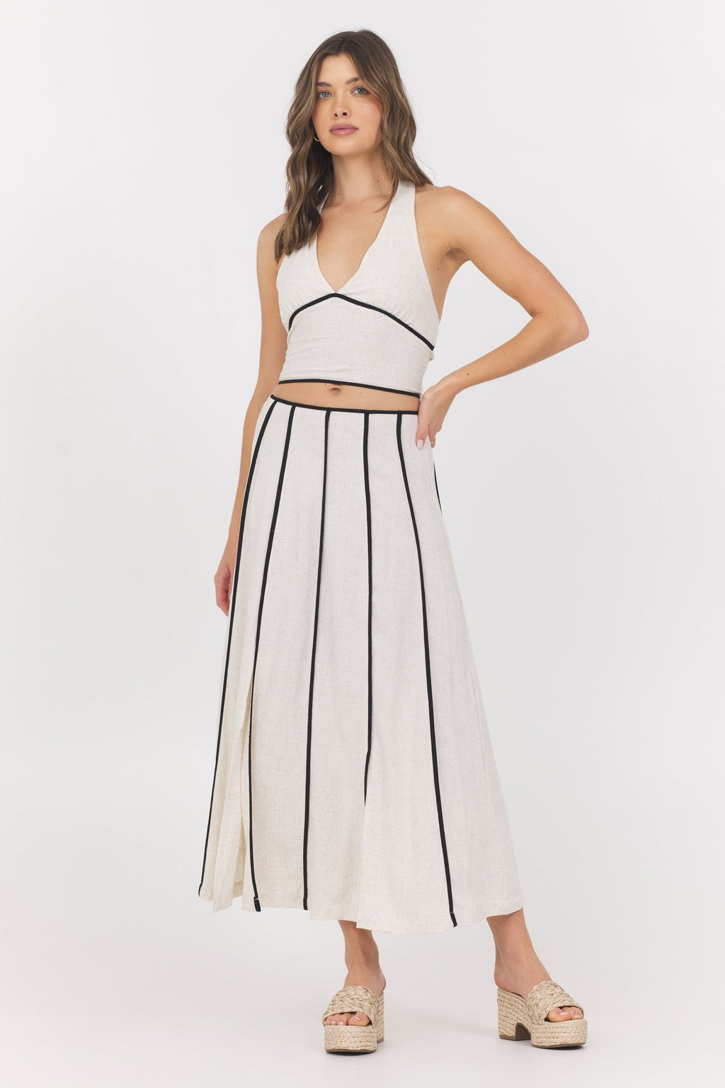 Linen Blend Halter Top w/ Piping