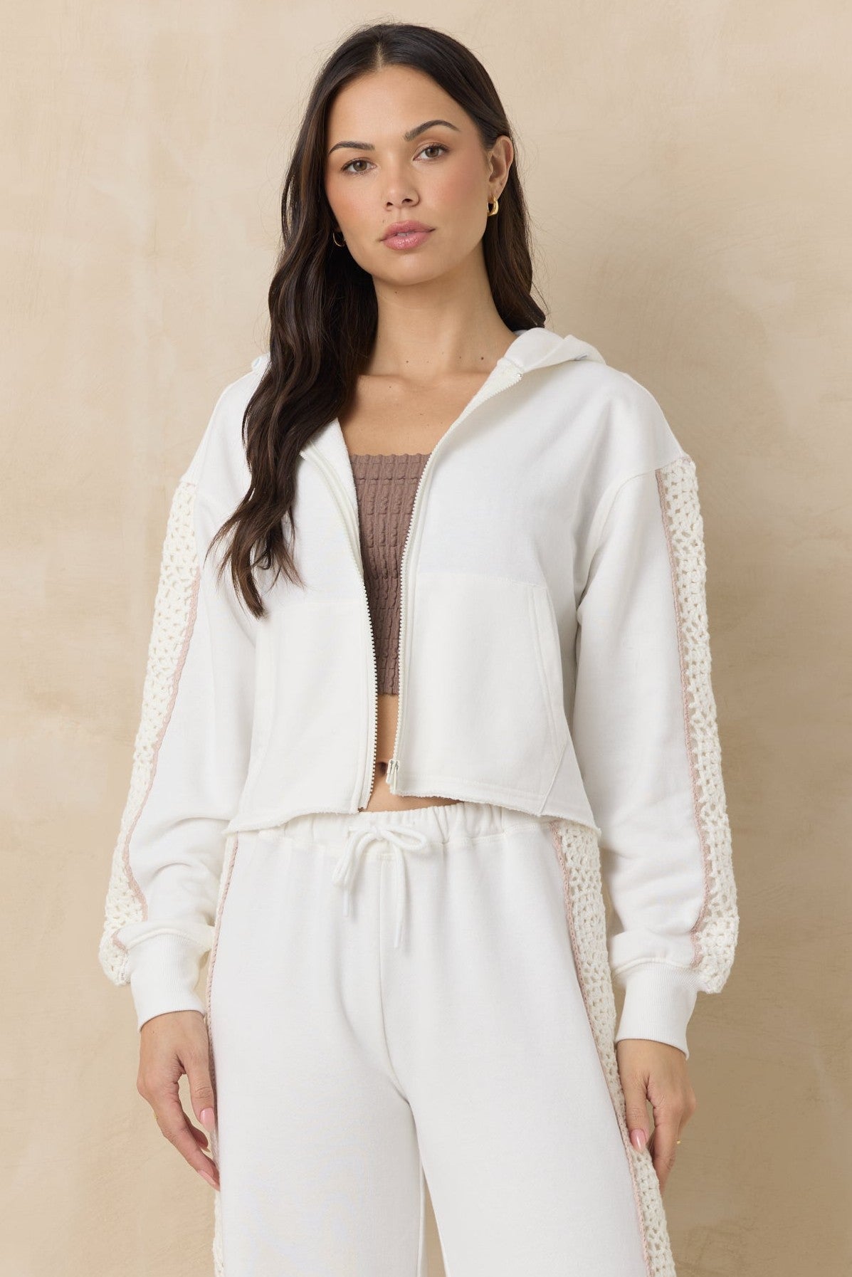 French Terry Zip-Up Sweatshirt with Square Crochet Insert