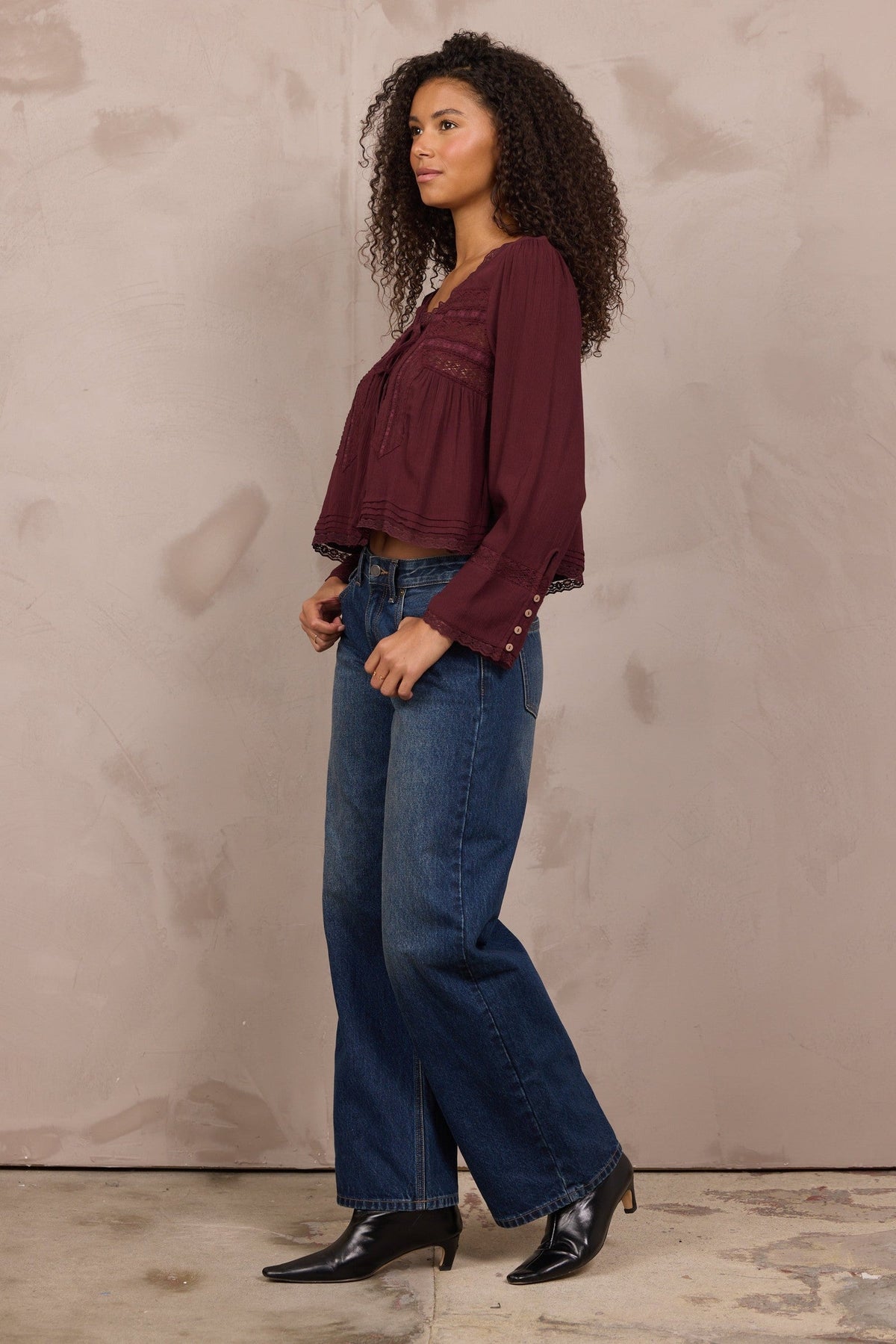 Wine Long Sleeve Blouse w/ Lace Detail