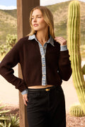Button-Front Cardigan w/ Denim Collar/Cuff