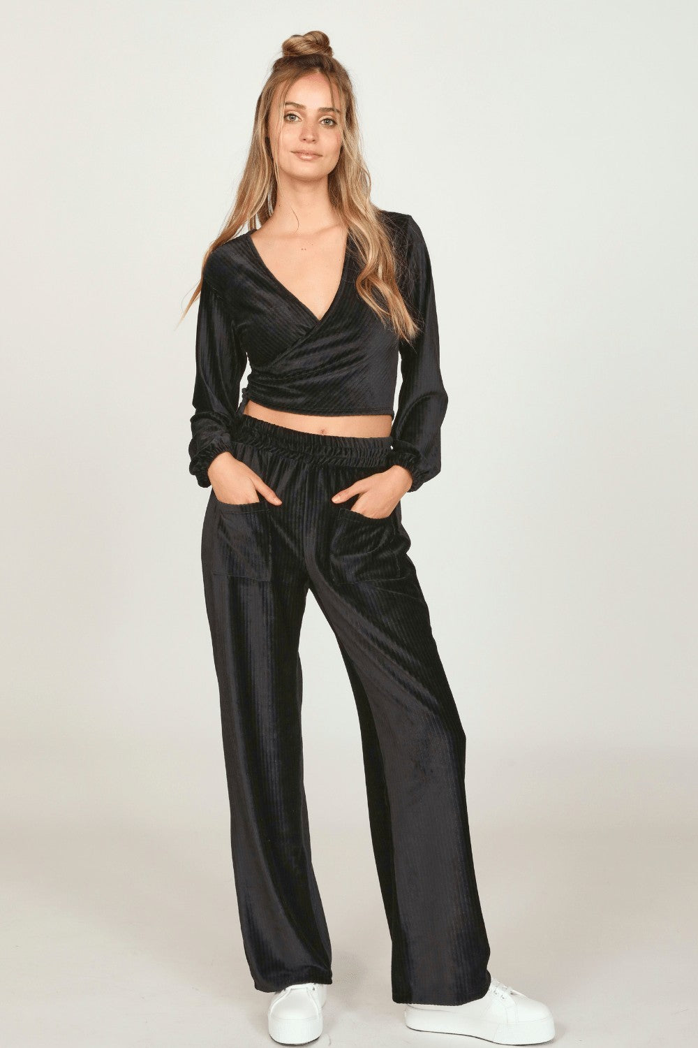 Black Velour Surplice Top