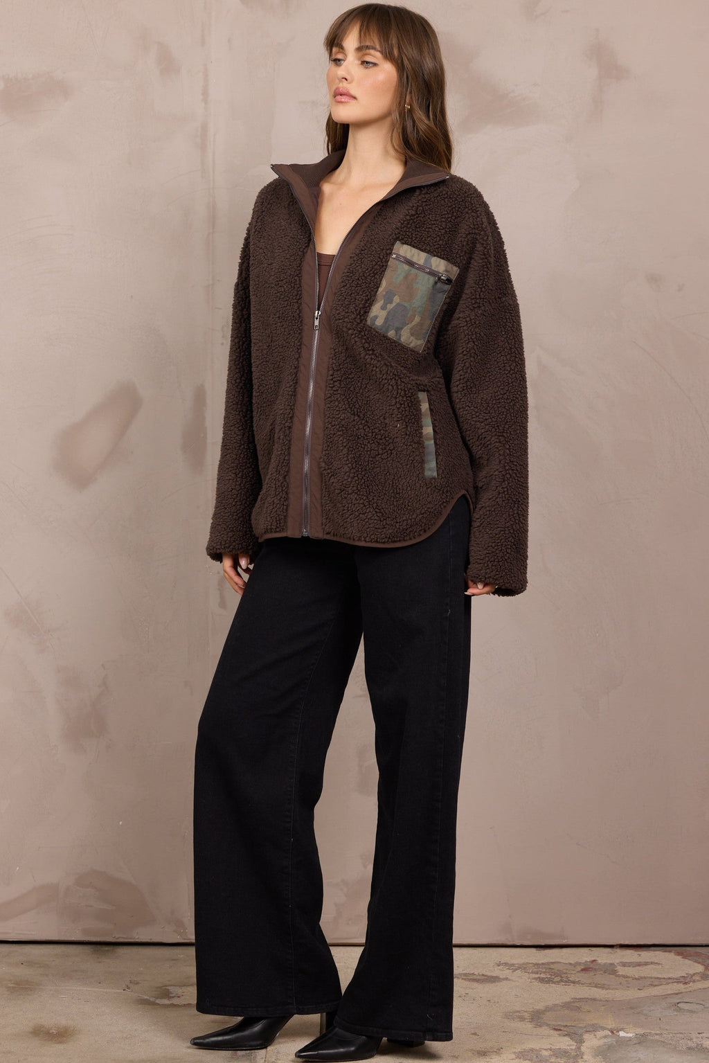 Brown Shearling Zip Front Jacket