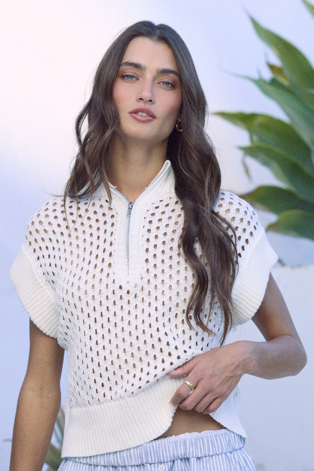 Open Knit Short Sleeve Quarter Zip Sweater