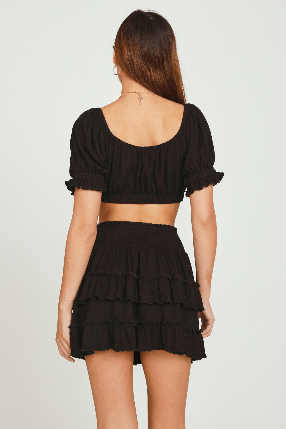 Black Rib Knit Tie Front Balloon Sleeve Crop Top