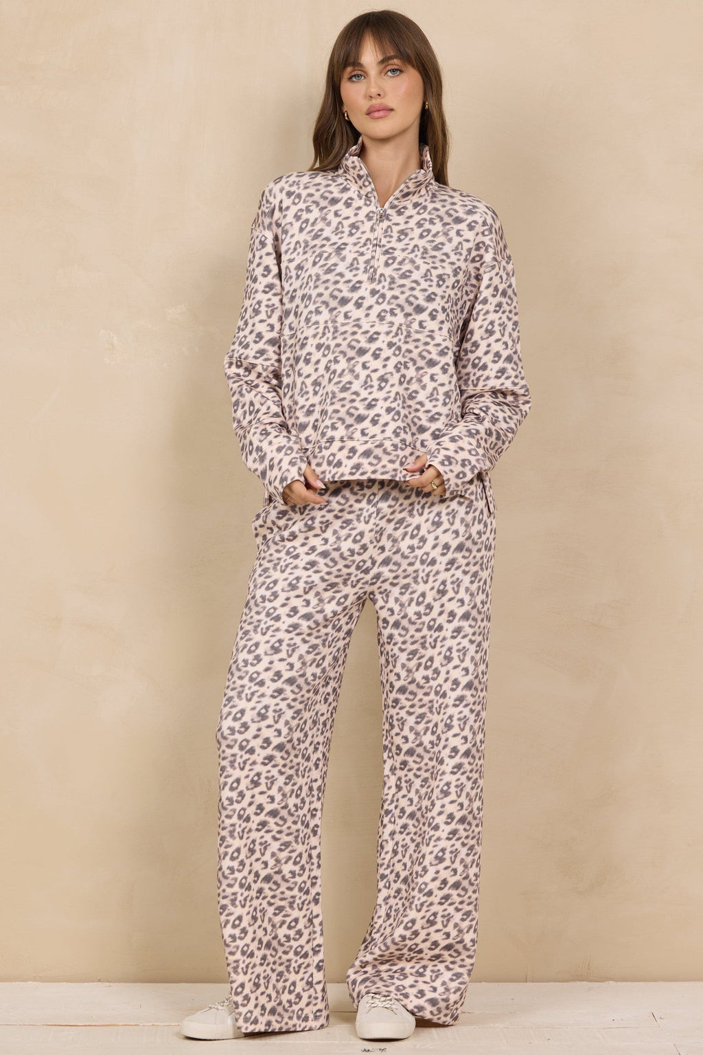 Printed Cloud Quarter Zip W/ Seams in Leopard