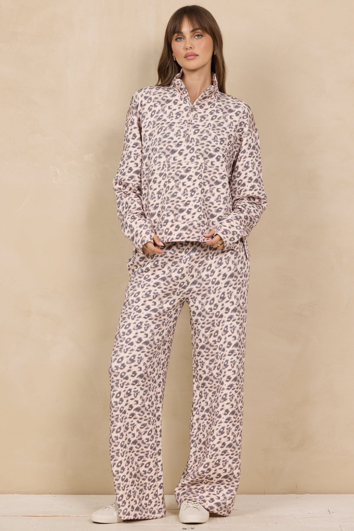 Printed Cloud Quarter Zip W/ Seams in Leopard