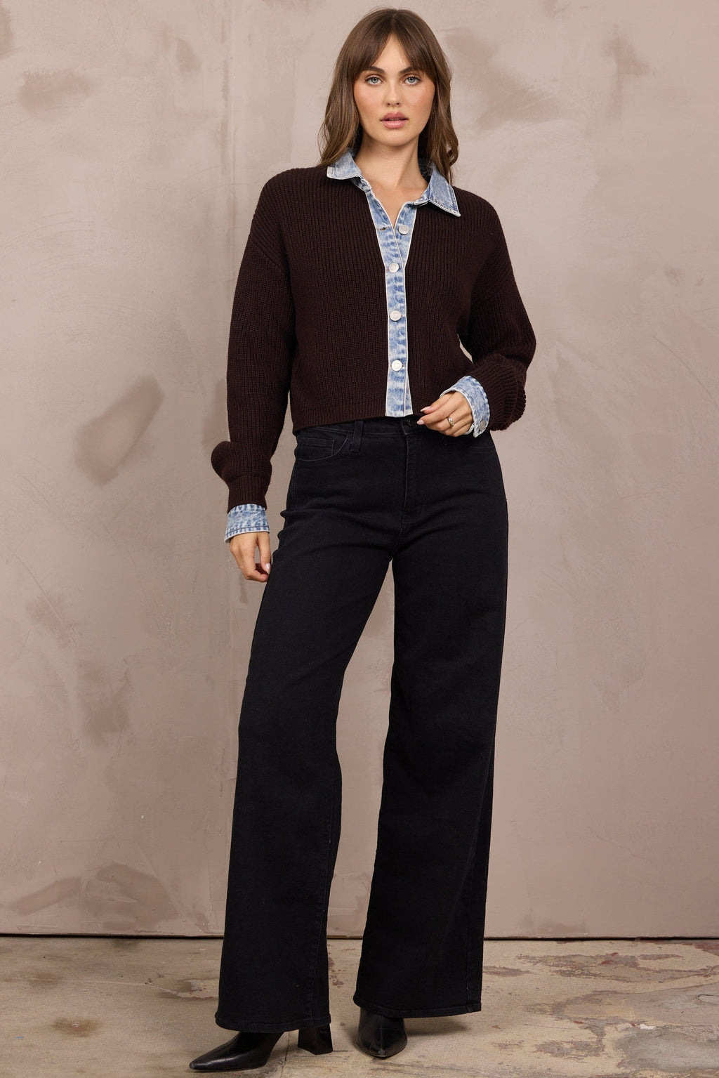 Button-Front Cardigan w/ Denim Collar/Cuff