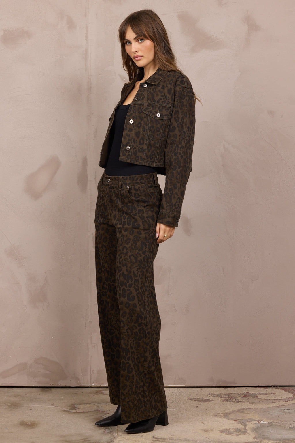 Stretch Denim Print 2-Piece Set in Brown Leopard