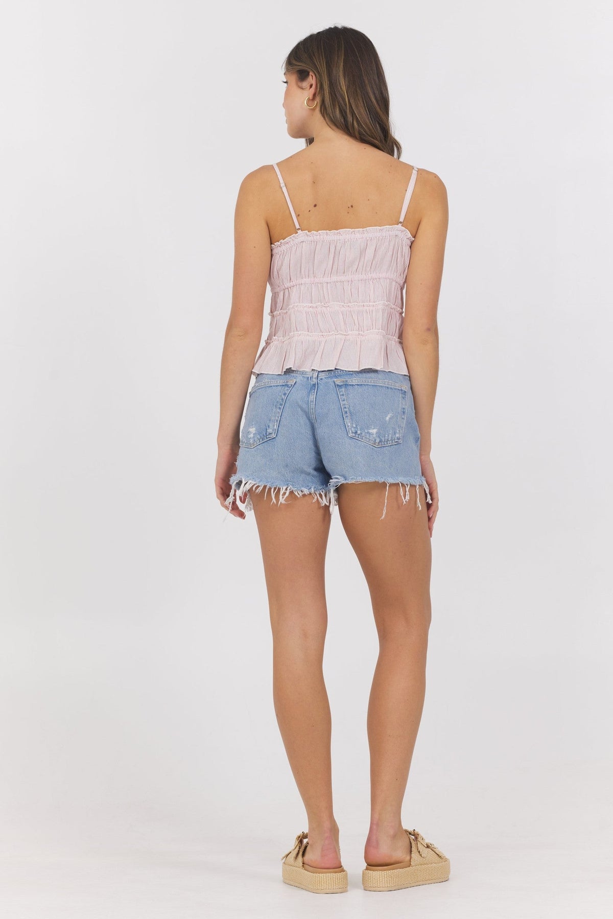Strawberry Pinstripe Woven Ruffle Top