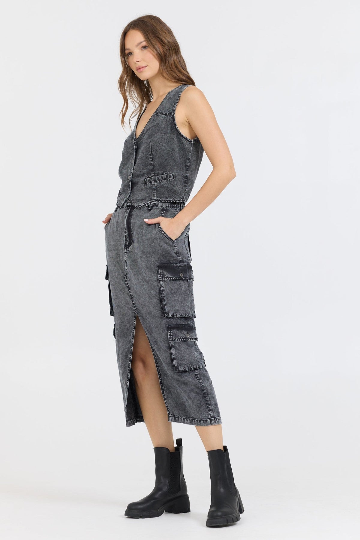 Washed Black Twill Button Front Vest Top