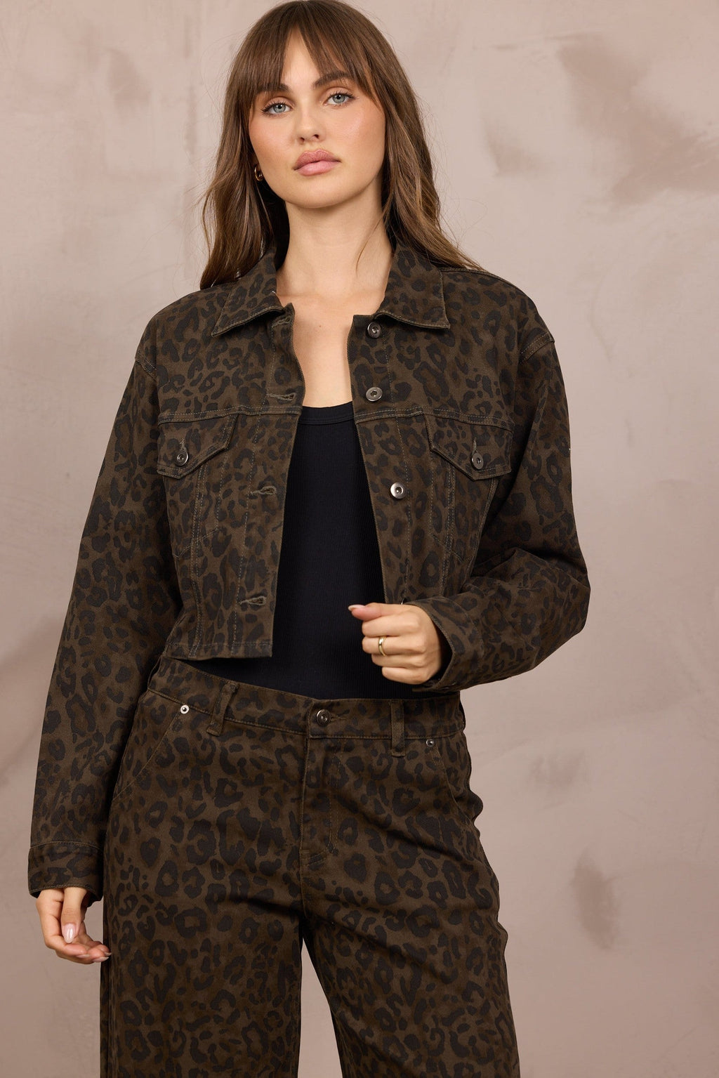 Stretch Denim Print 2-Piece Set in Brown Leopard