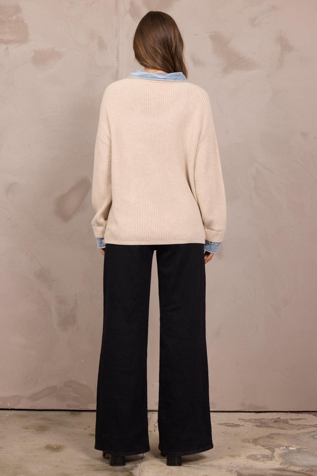 Sweater w/ Denim Collar/Cuff
