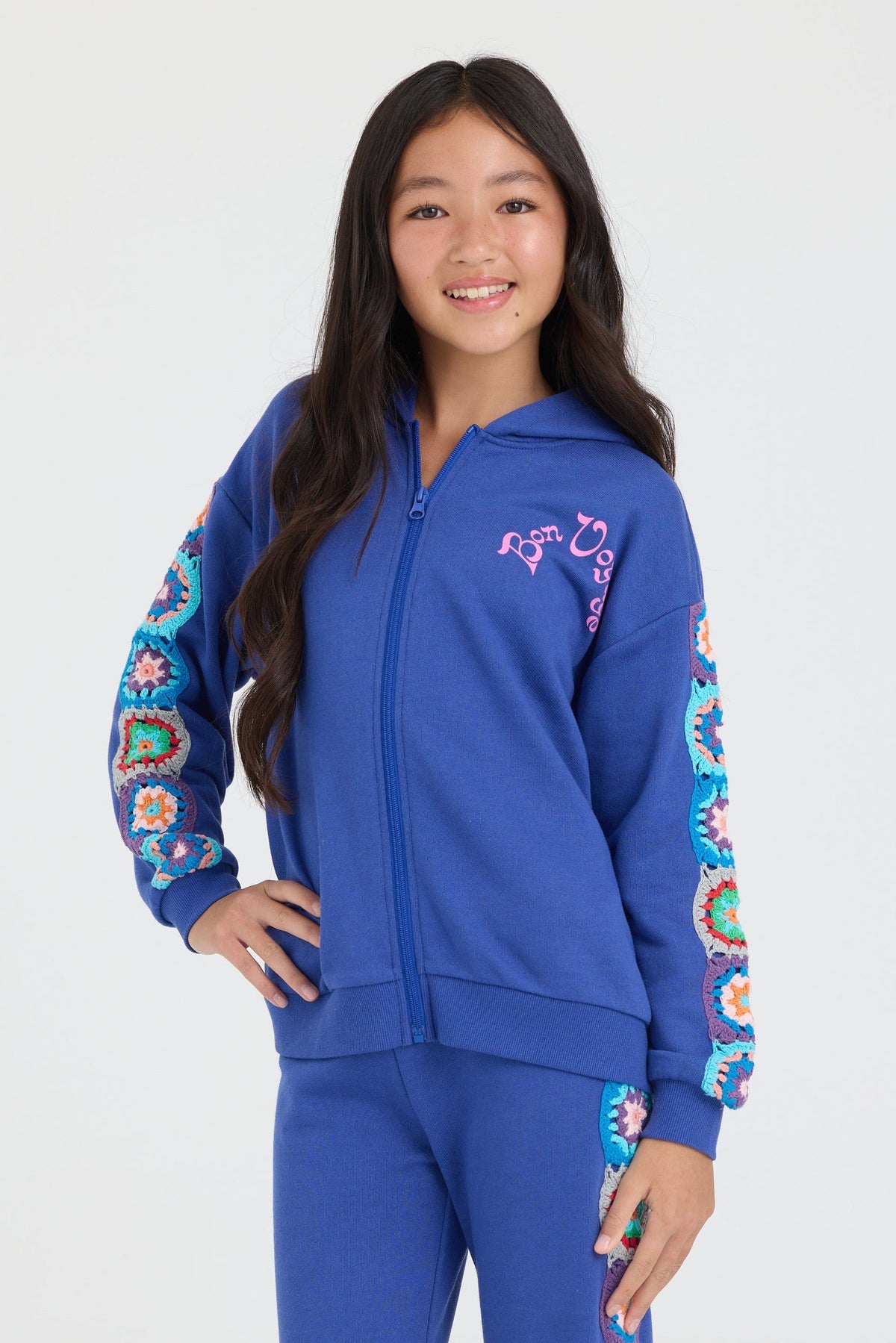 Kids Navy Cropped Full Zip Hoodie w/Crochet