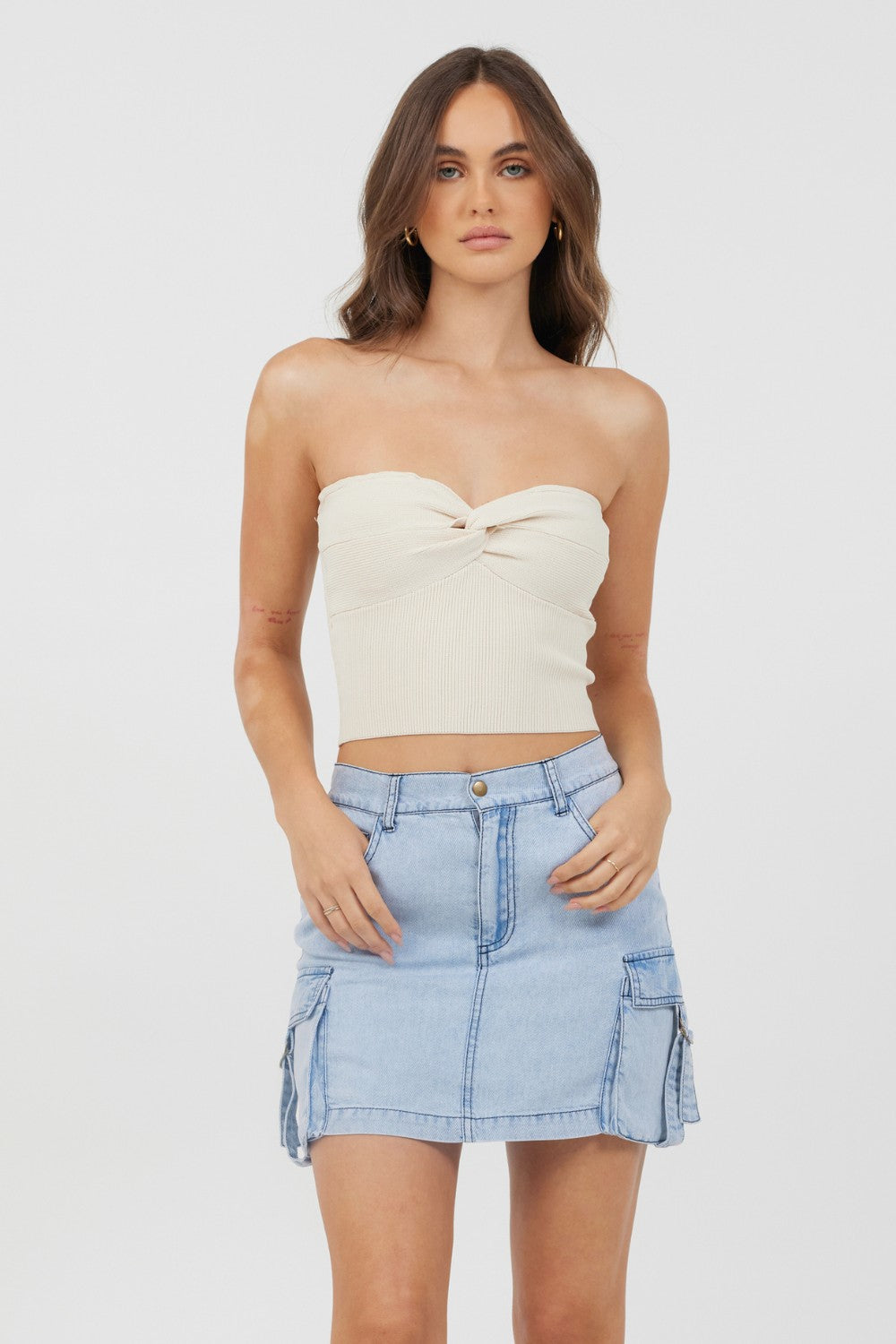 Sunrise Sand Rib Knit Twist Front Tube Top