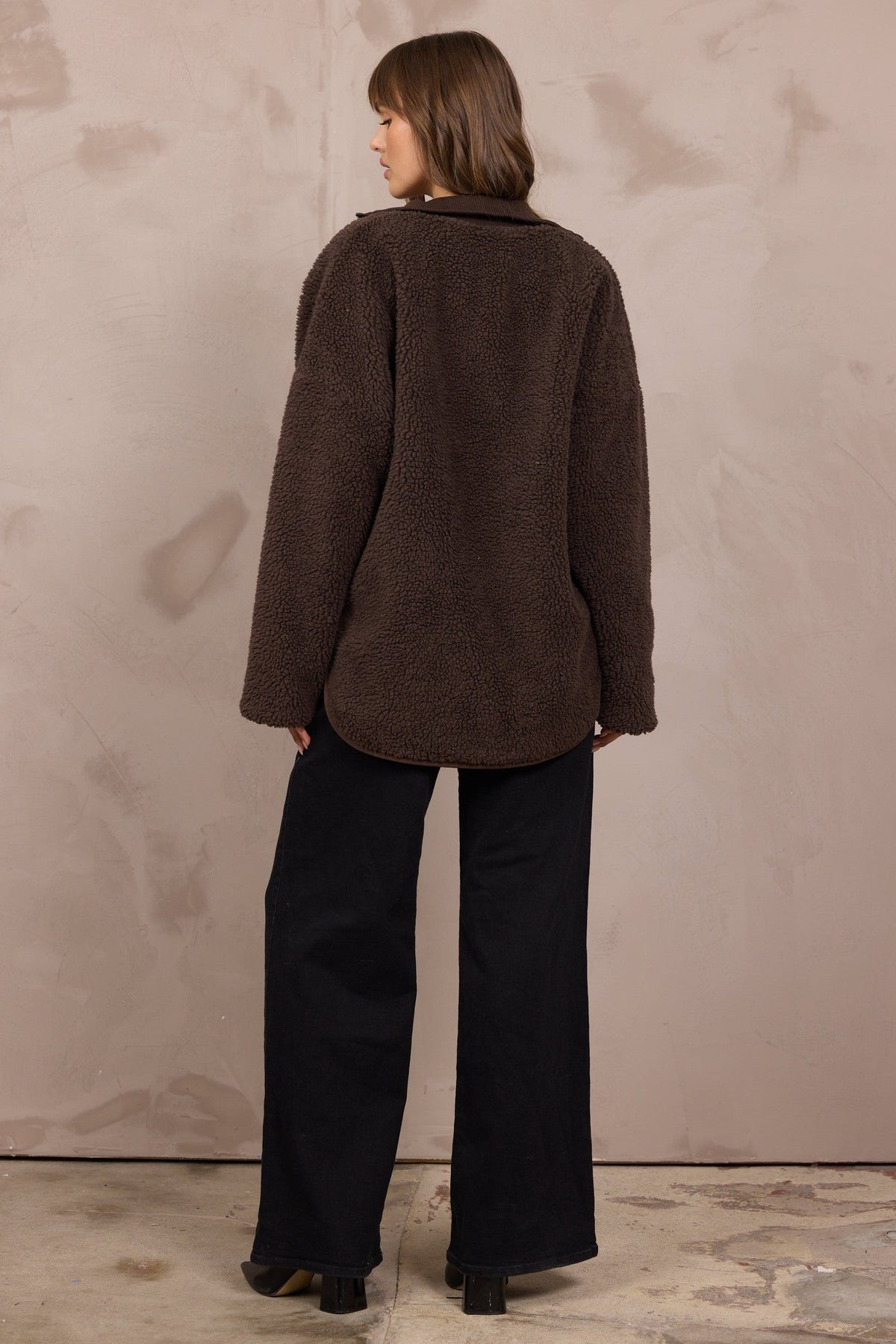 Brown Shearling Zip Front Jacket