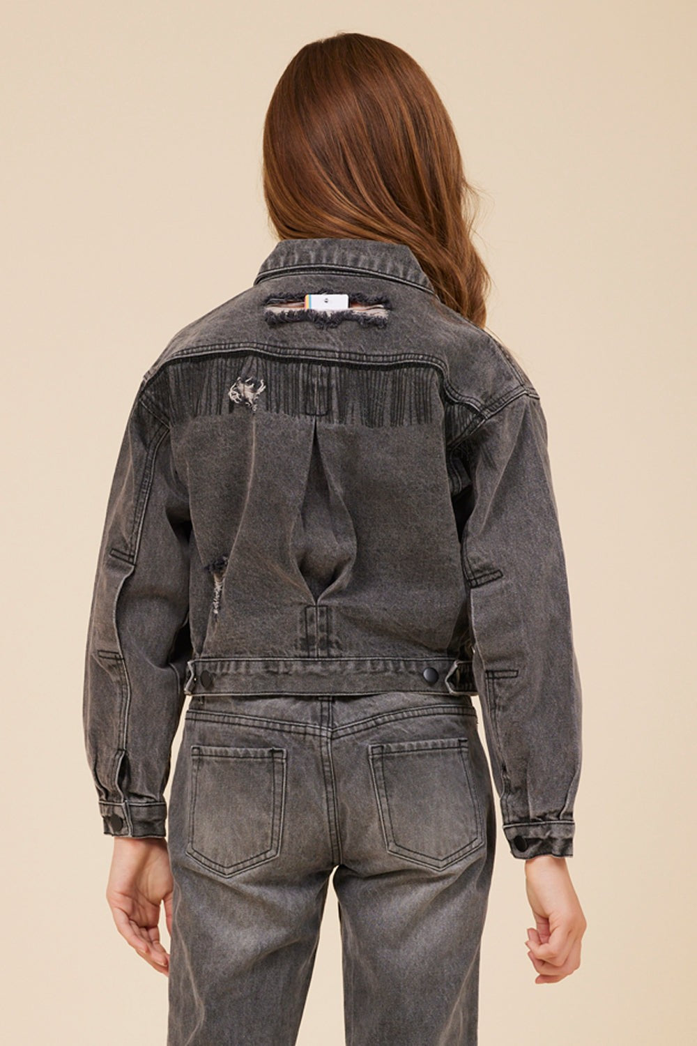 RHINESTONE FRINGE BLACK DENIM JACKET