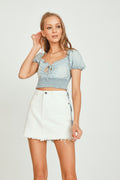 Denim W/ Ivory Dobby Ripstop Smocked Waist Top