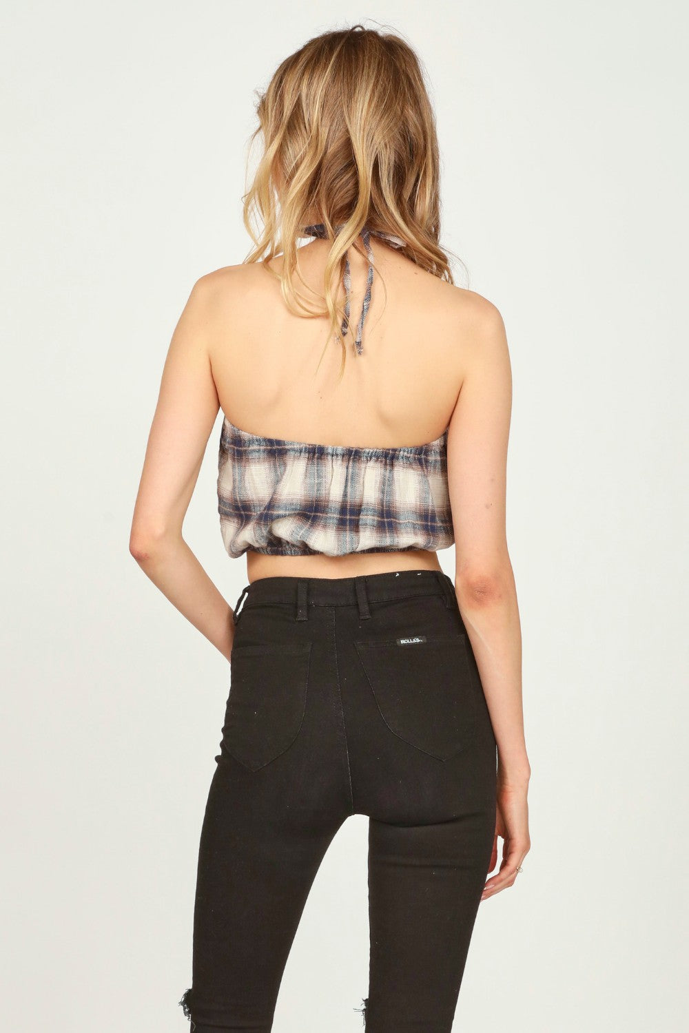 Sand/Navy Plaid Flannel Halter Bandeau