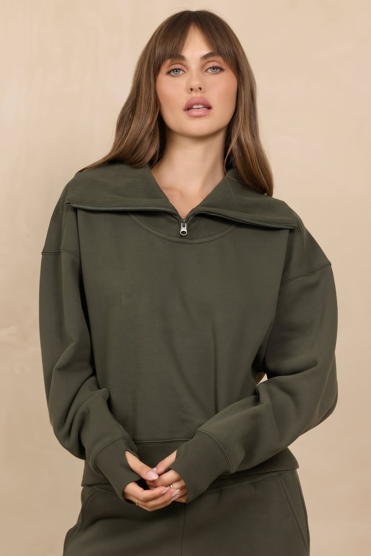 Soft Surf Wash Zippered Mockneck 2-Piece Set in Army Olive