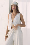 Linen Blend Tie Front Top with Contrast Stripe