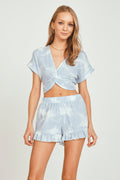 Blue w/ White Palm Trees Printed Gauze Twist Front Top