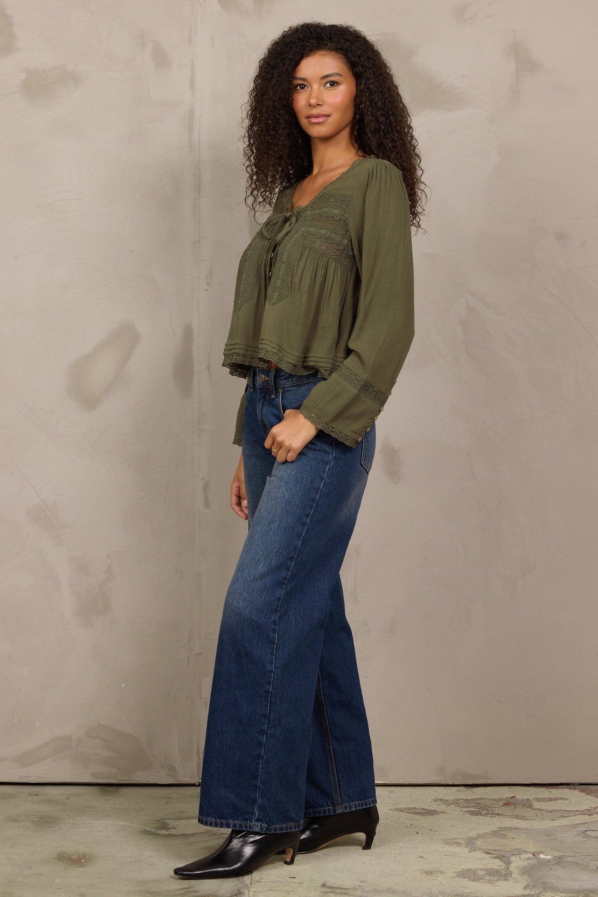 Olive Long Sleeve Blouse w/ Lace Detail