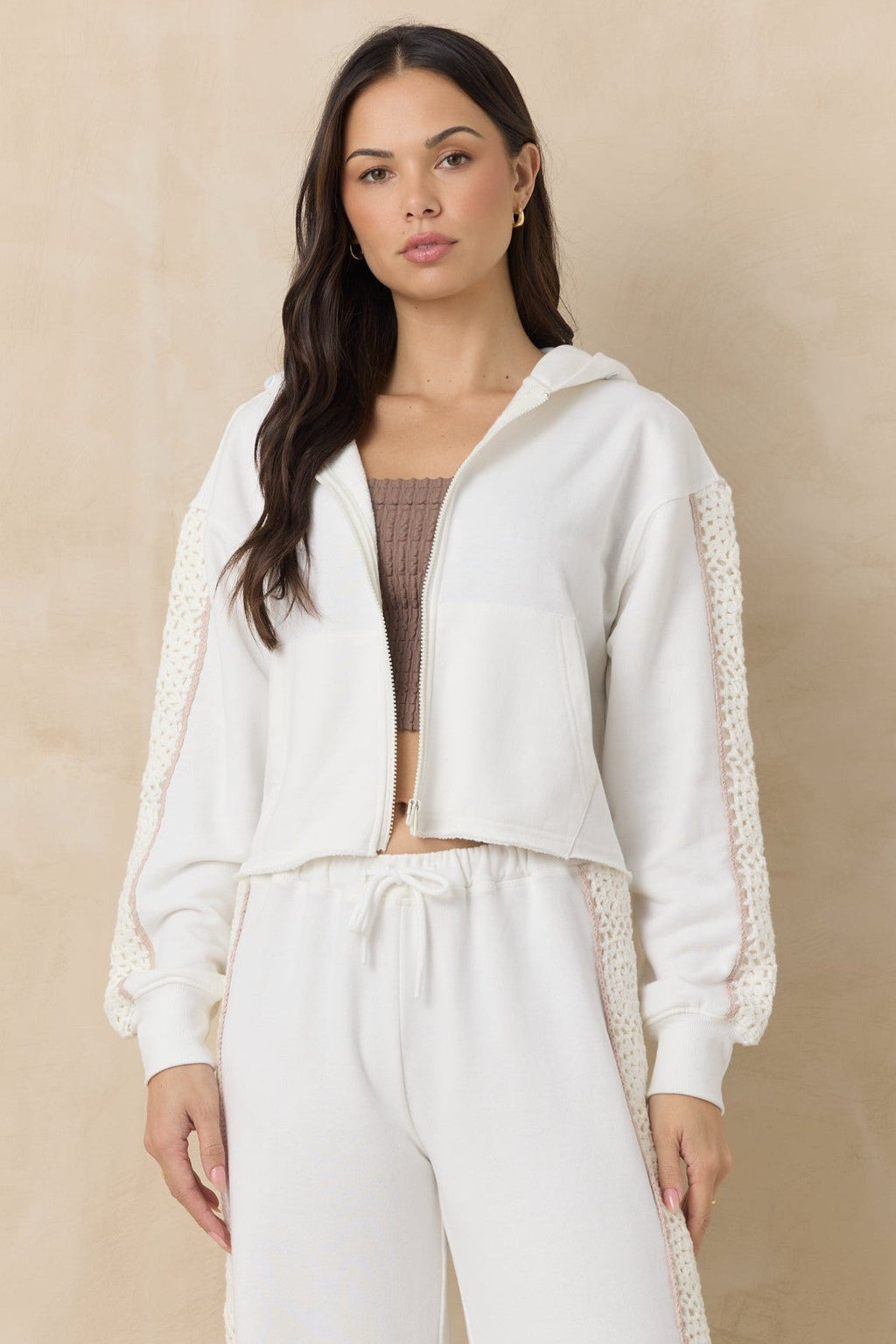 French Terry Zip-Up Sweatshirt with Square Crochet Insert