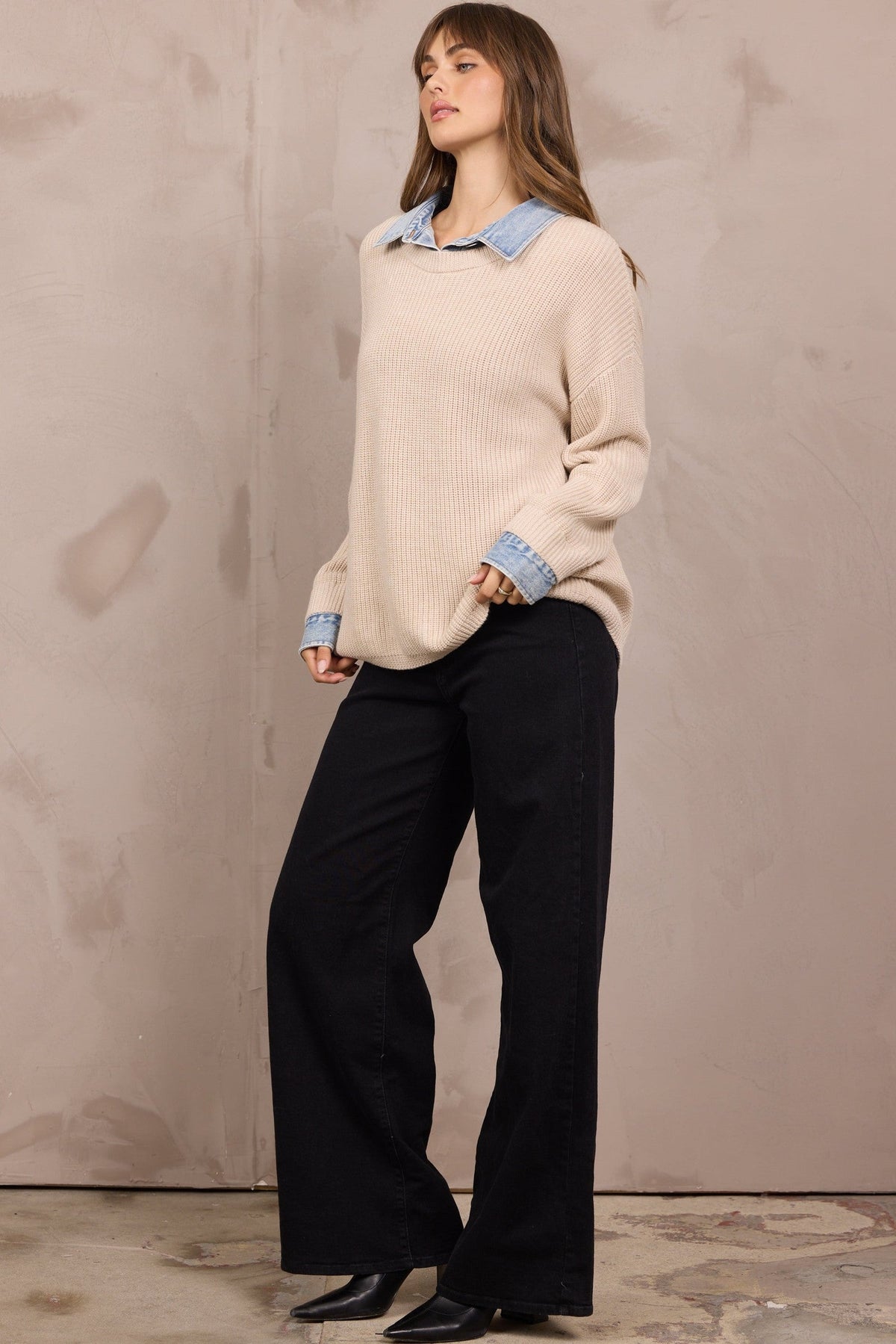 Sweater w/ Denim Collar/Cuff