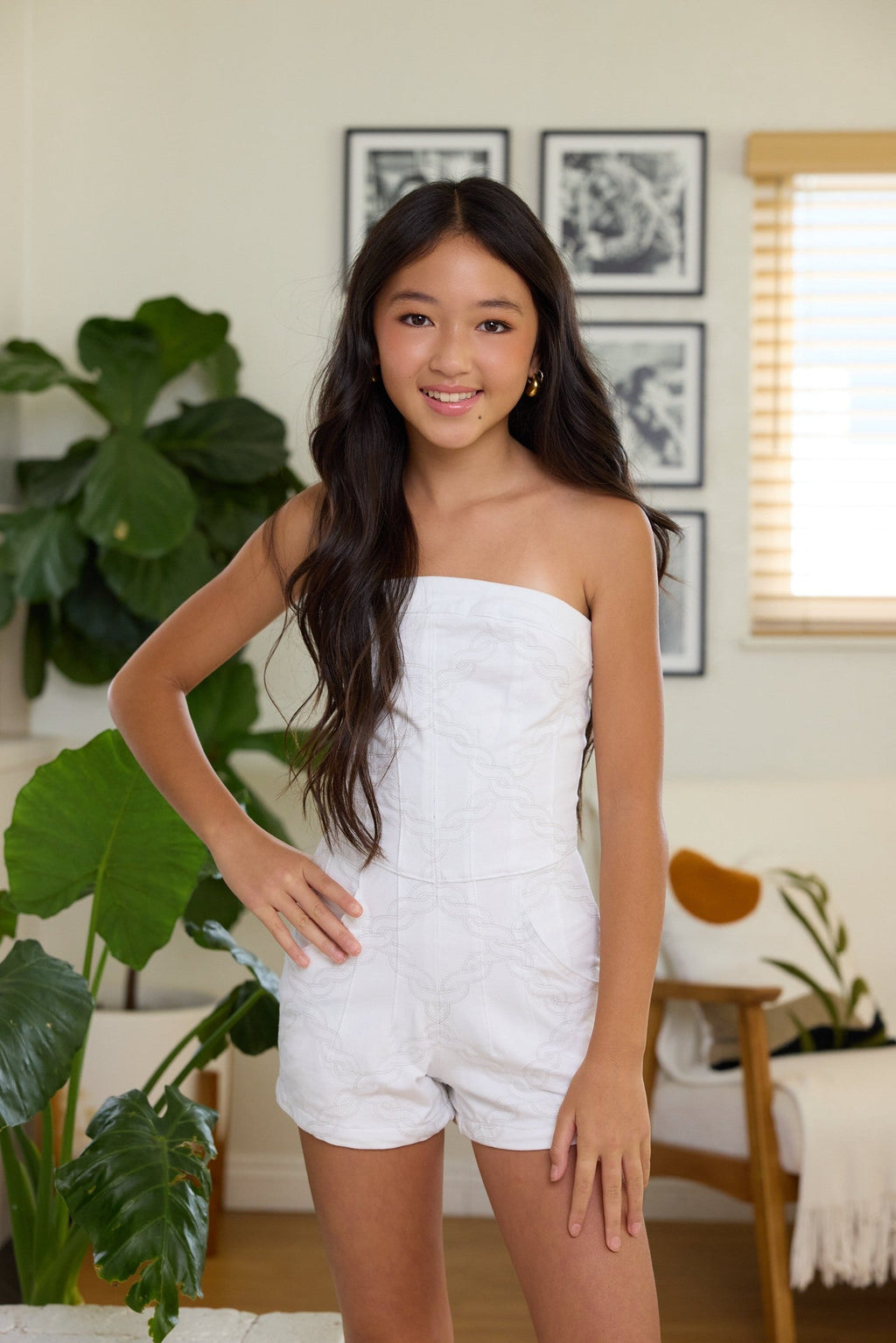 Kids White Rope Stitch Strapless Romper