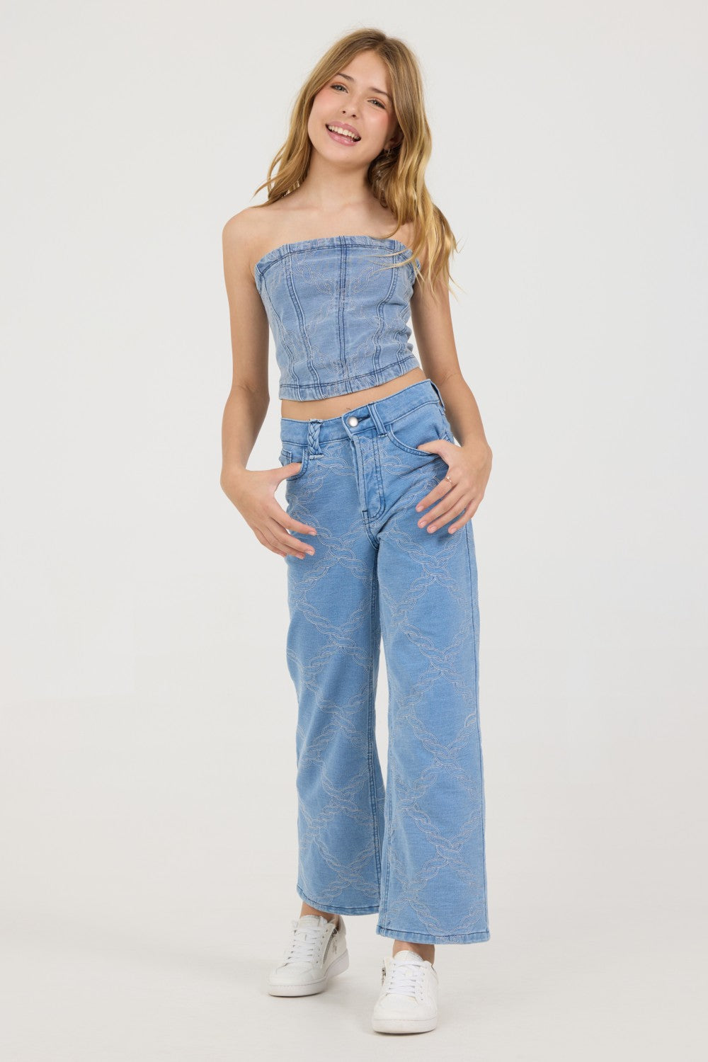 Kids Denim Blue Rope Stitch Wide Leg Pant