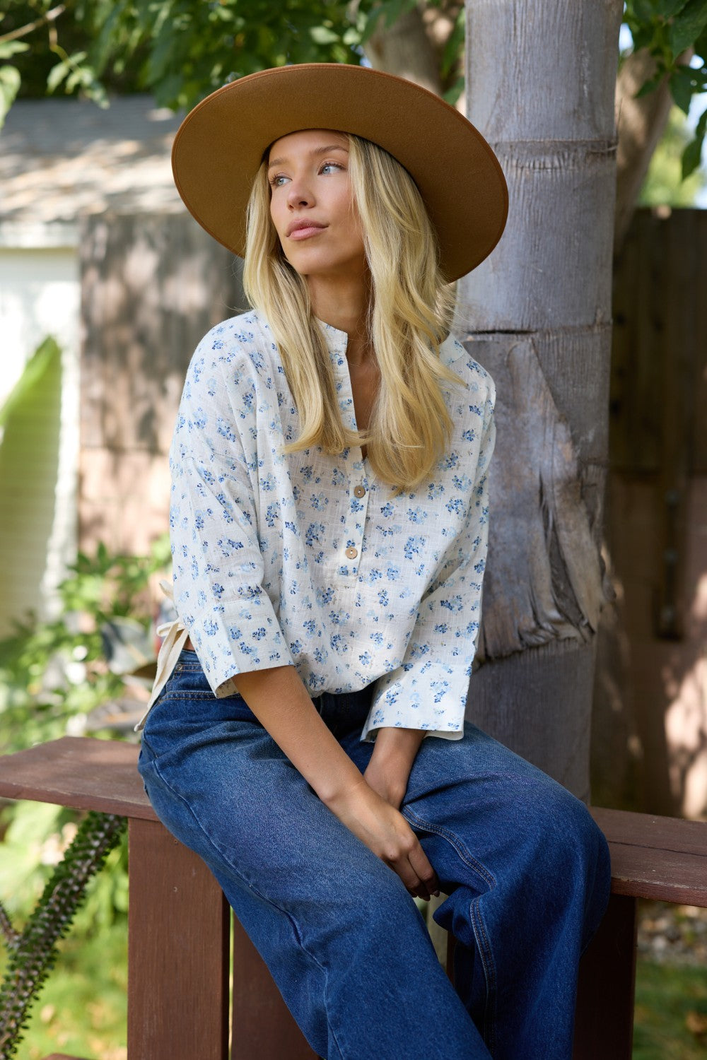 Button Front Short Sleeve Top - Blue Ditsy Floral