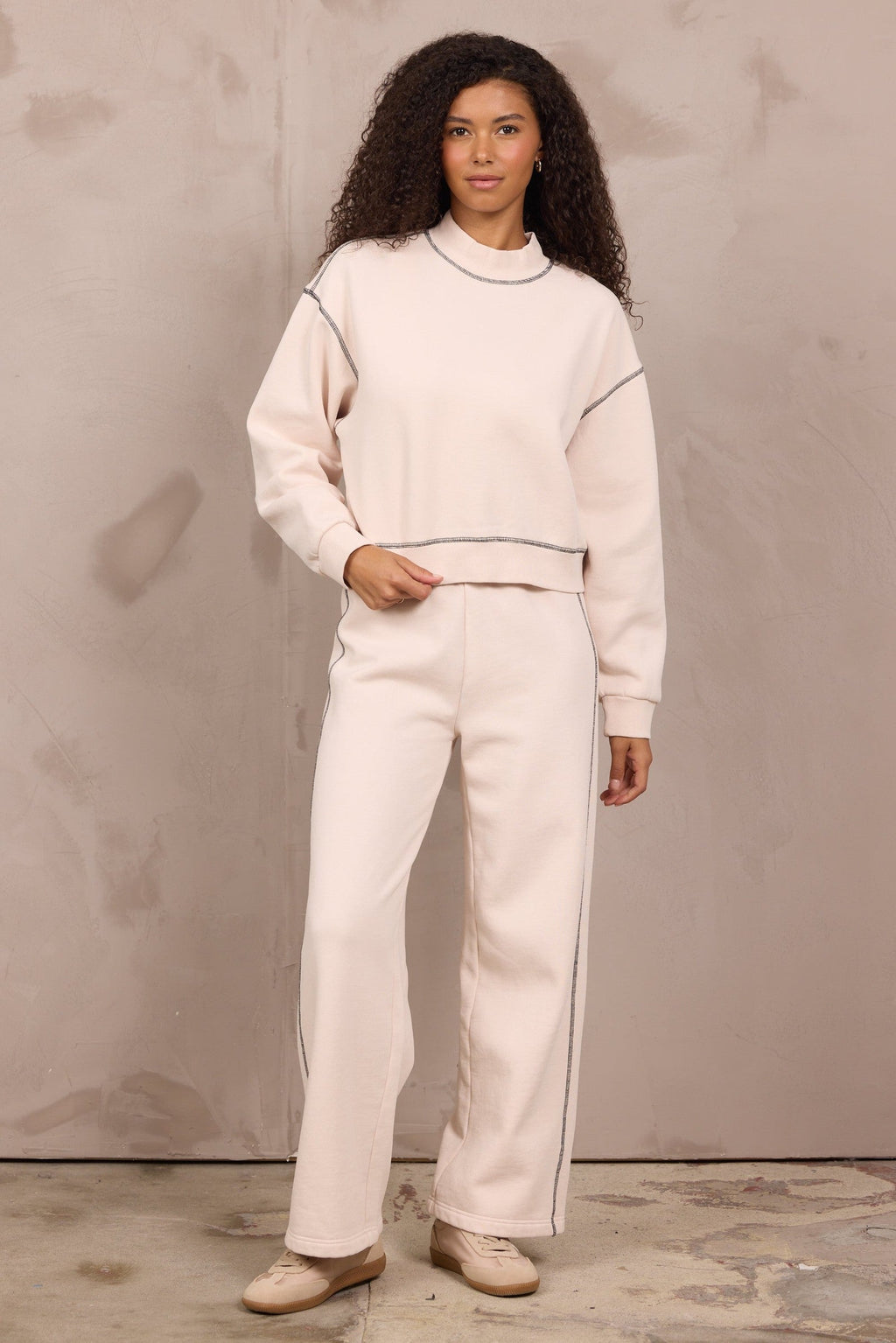 Garment Dye Mockneck 2-Piece Set in Pearl w/ Black