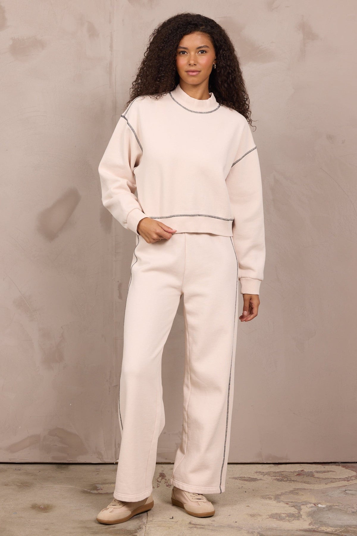 Garment Dye Mockneck 2-Piece Set in Pearl w/ Black