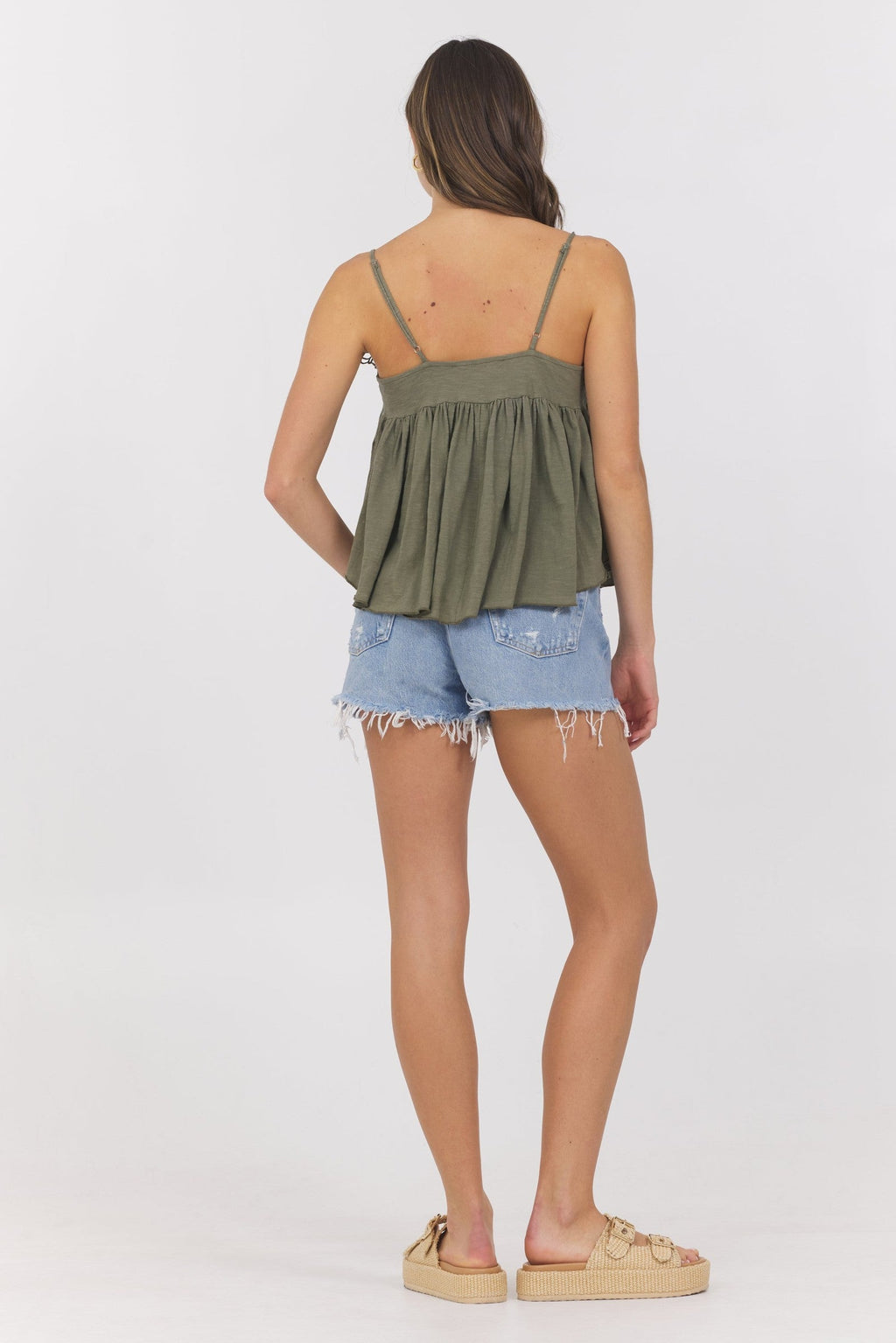 Dusty Olive Slub Jersey Knit Tank w/ Lace Trim