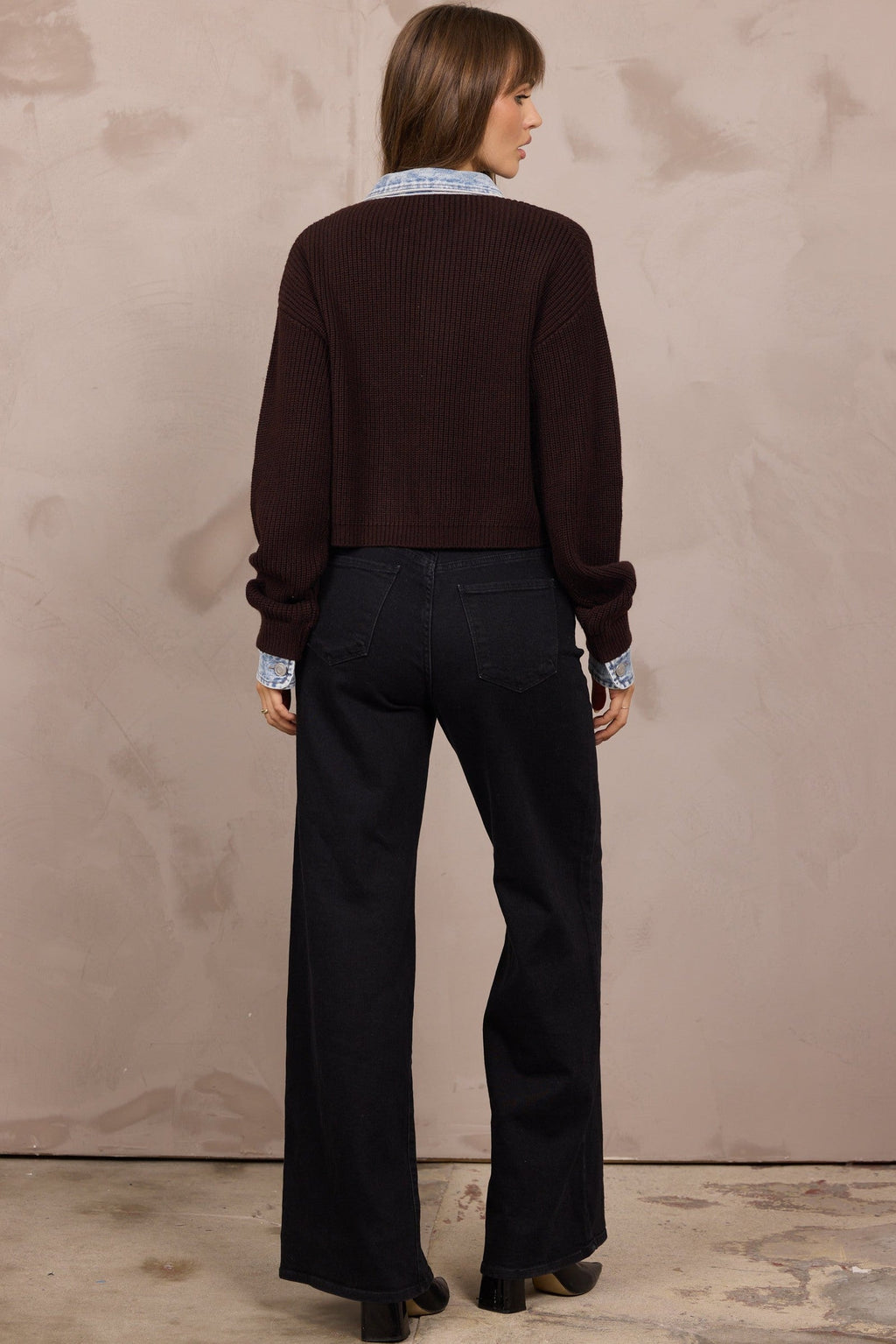 Button-Front Cardigan w/ Denim Collar/Cuff