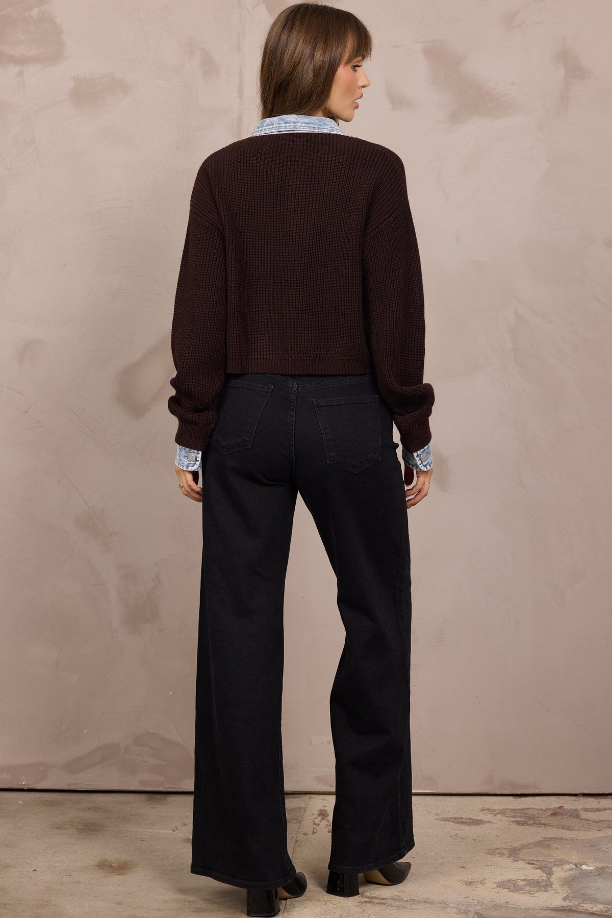 Button-Front Cardigan w/ Denim Collar/Cuff