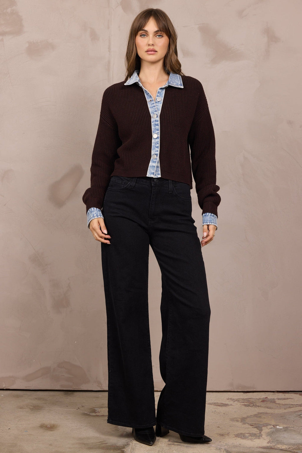 Button-Front Cardigan w/ Denim Collar/Cuff