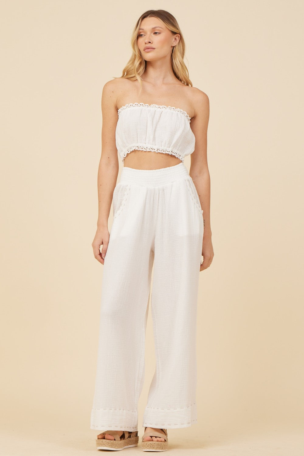 White Gauze Smocked Tube Top