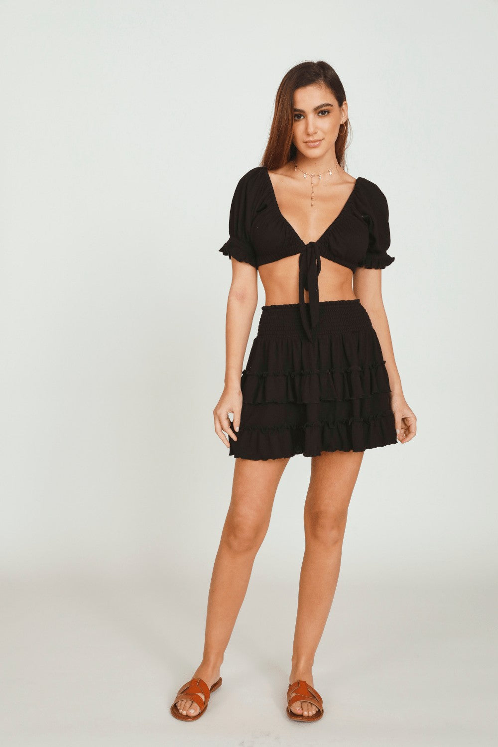 Black Rib Knit Tie Front Balloon Sleeve Crop Top