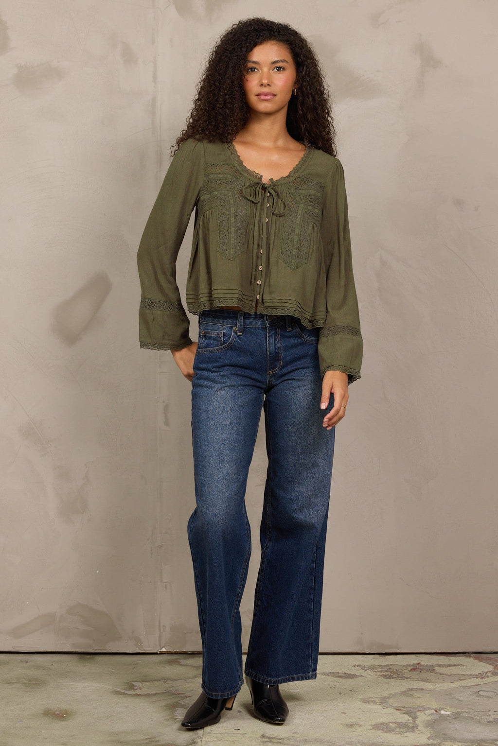 Olive Long Sleeve Blouse w/ Lace Detail