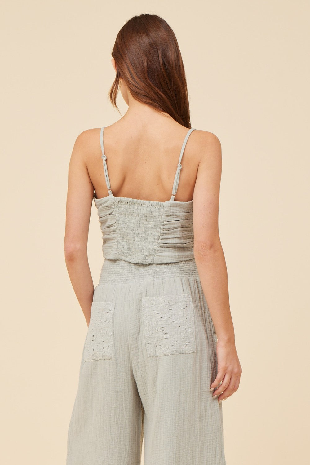 Washed Sage Gauze Eyelet Embroidered Cropped Tank