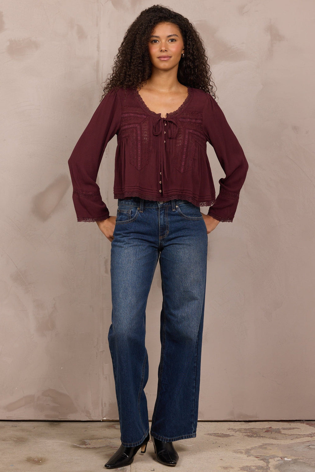 Wine Long Sleeve Blouse w/ Lace Detail