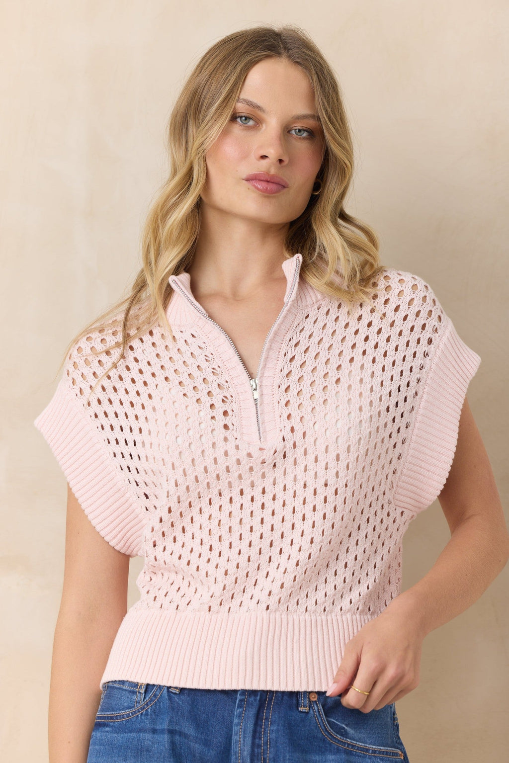 Open Knit Short Sleeve Quarter Zip Sweater
