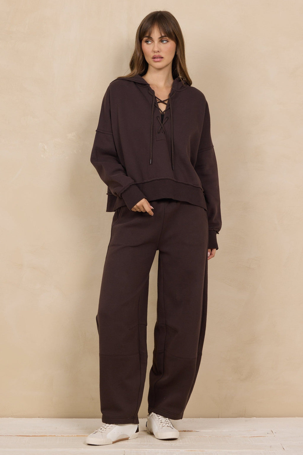 Soft Surf Wash Lace Up Hoodie 2-Piece Set in Brownie