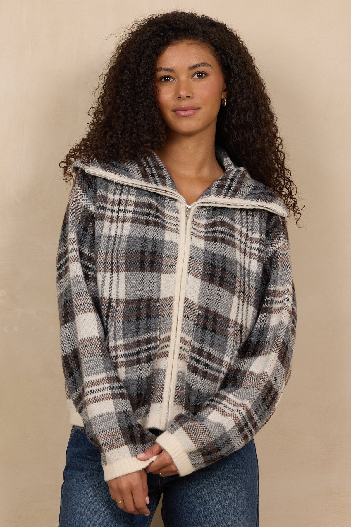 Jaquard Knit Zip Up Sweater