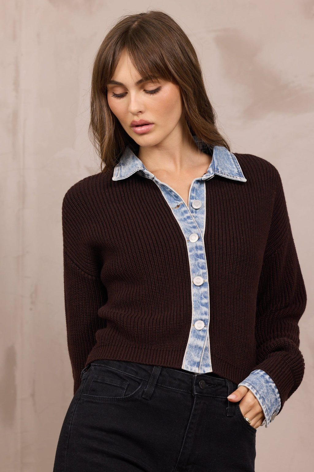 Button-Front Cardigan w/ Denim Collar/Cuff