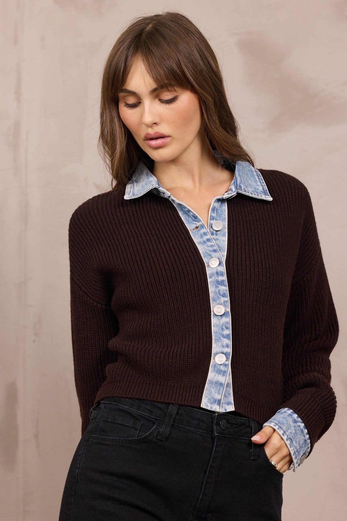 Button-Front Cardigan w/ Denim Collar/Cuff
