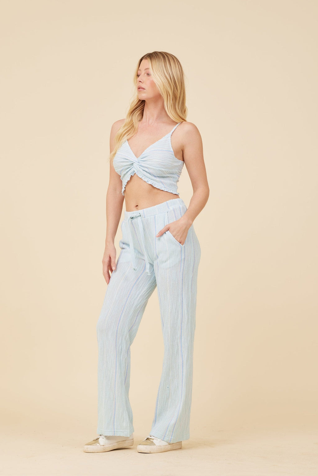 Soft Blue w/ Mixed Stripes Textured Cropped Tank