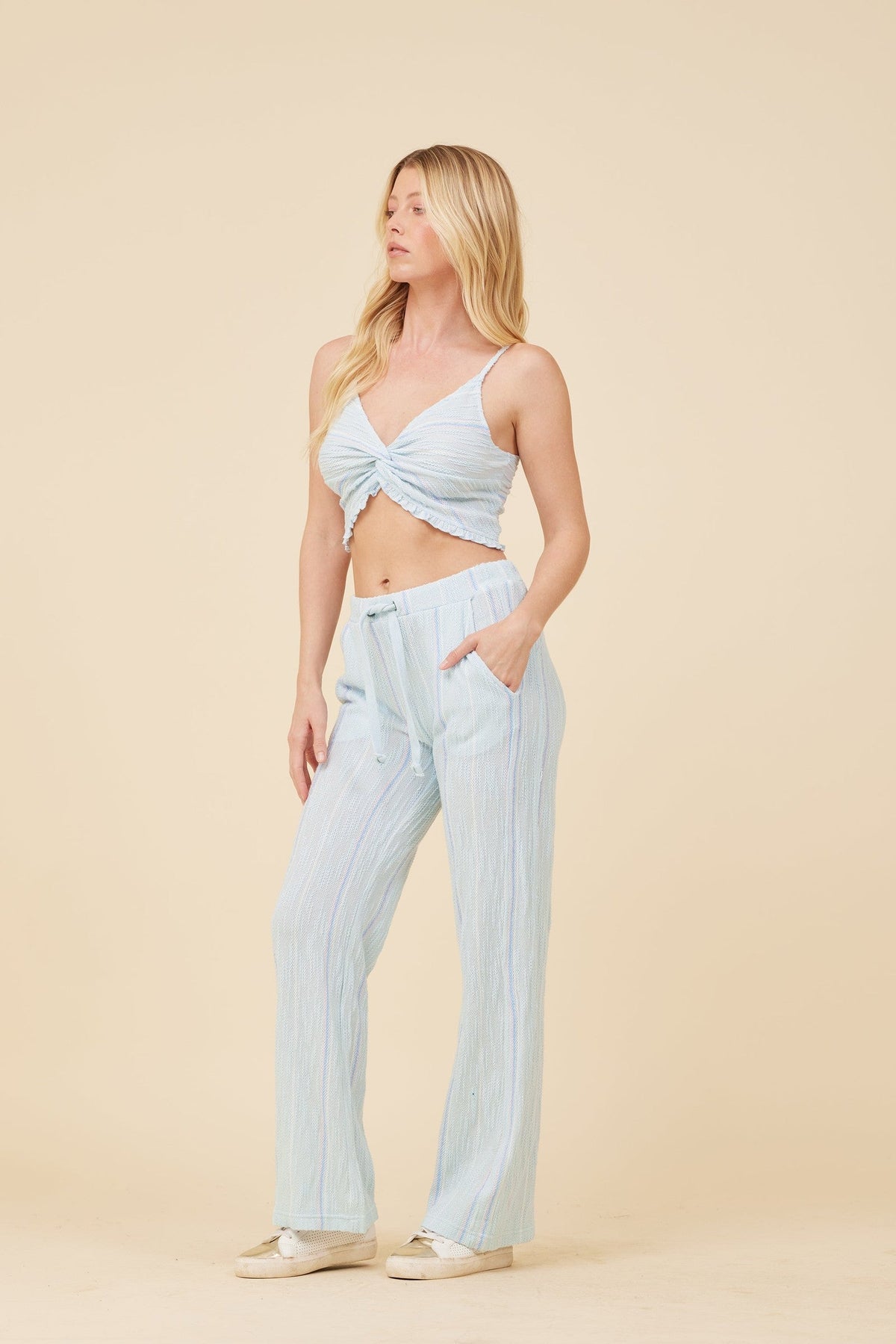 Soft Blue w/ Mixed Stripes Textured Cropped Tank