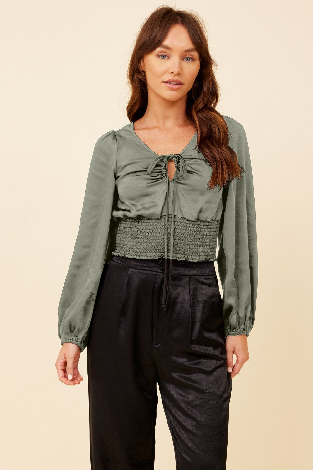 Silver Pine Heavy Satin Criss Cross Blouse
